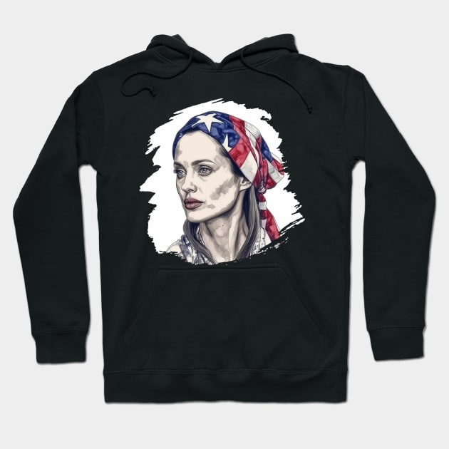 Portrait of Angelina Jolie, 4th of July Patriotic Hoodie by Pixy Official